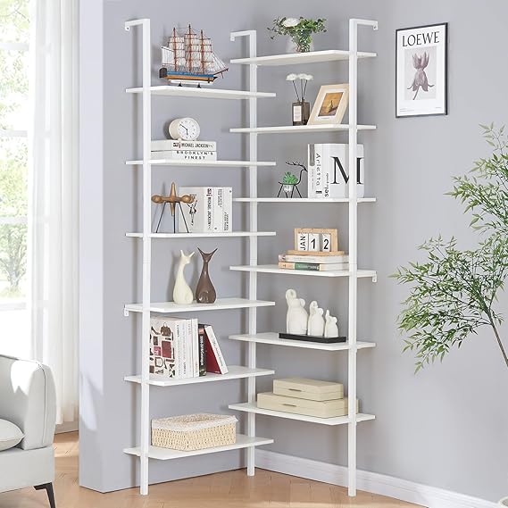 Corner Bookshelf,12-Tier L Shaped Bookshelf, Double Wide Corner Wall Mount Bookcase