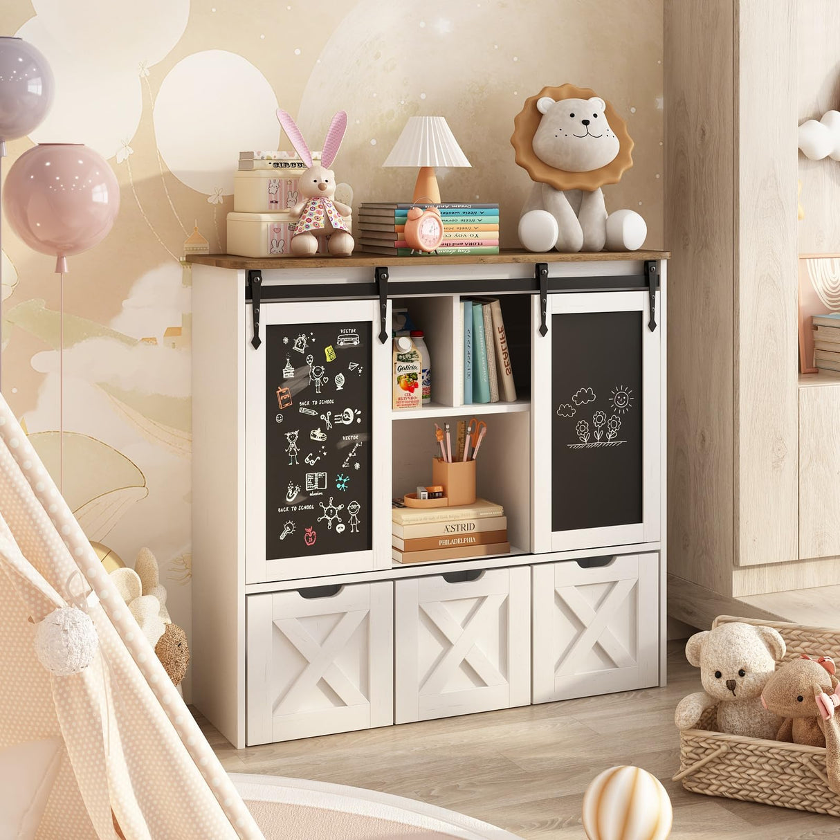 Sliding Blackboard, Kids Bookshelf and Bookcase with Hidden Wheels and 3 Movable Drawers, Multifunctional Storage