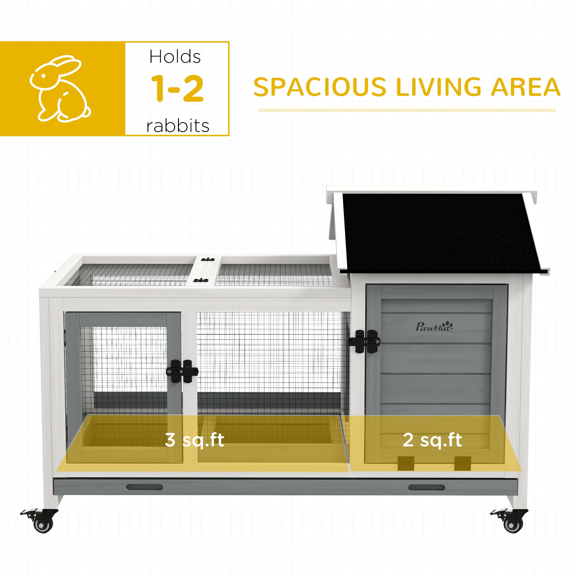 Indoor Outdoor Wooden Rabbit Hutch with Wheels, Large Bunny Hutch