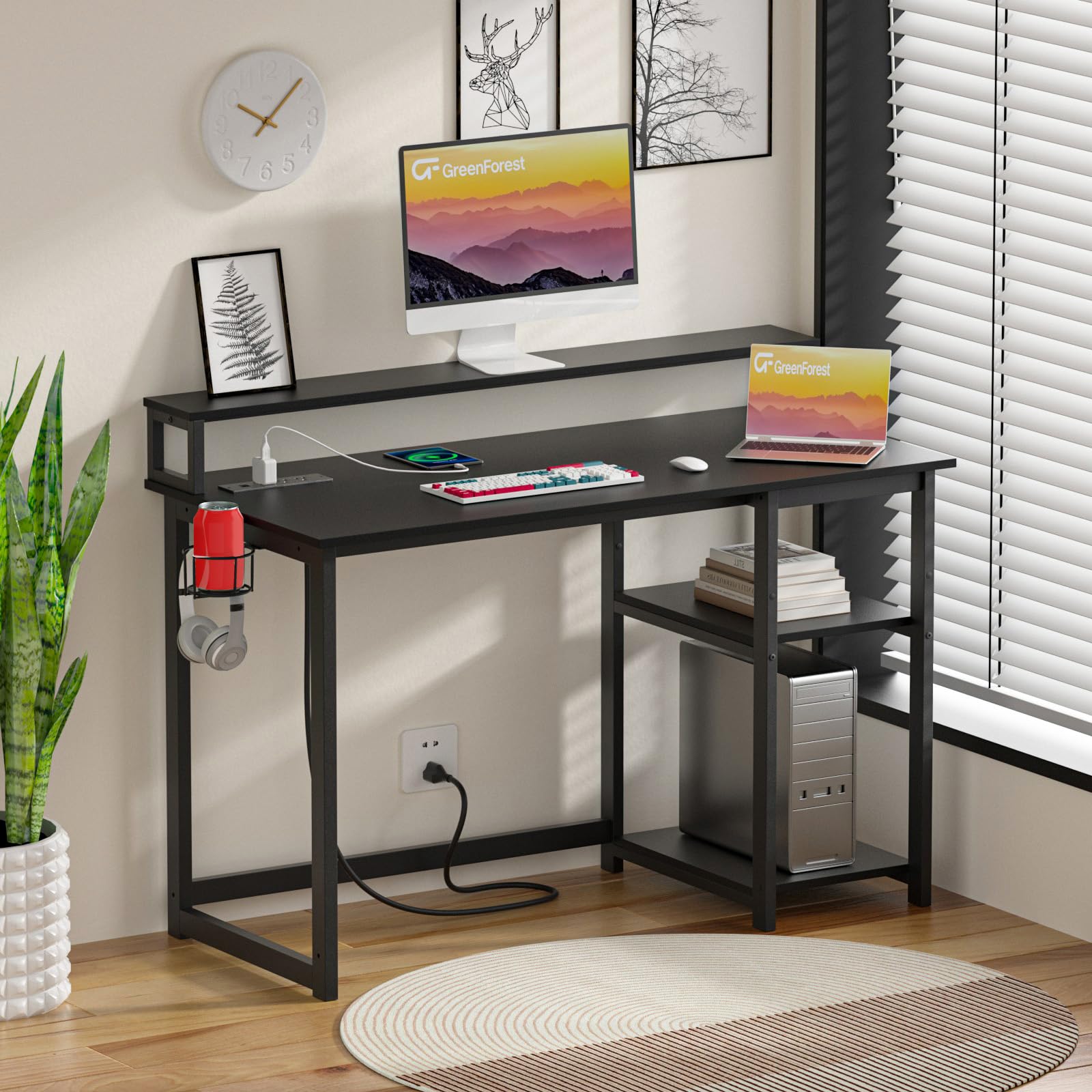 47 inch Gaming Desk with Power Outlets, Small Home Office Desk with Ergonomic Monitor Stand