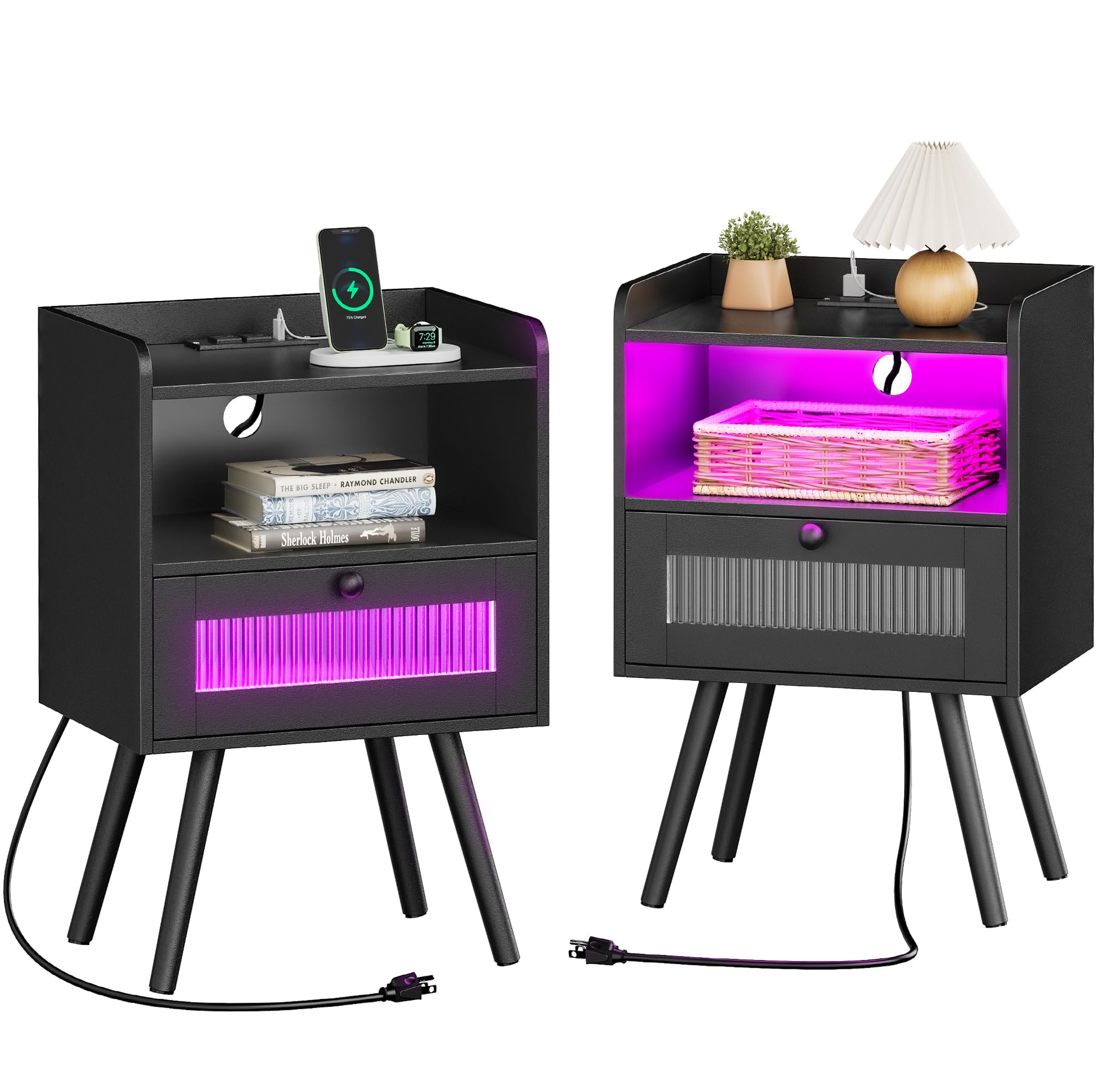 Night Stand Set of 2, Nightstand with Charging Station