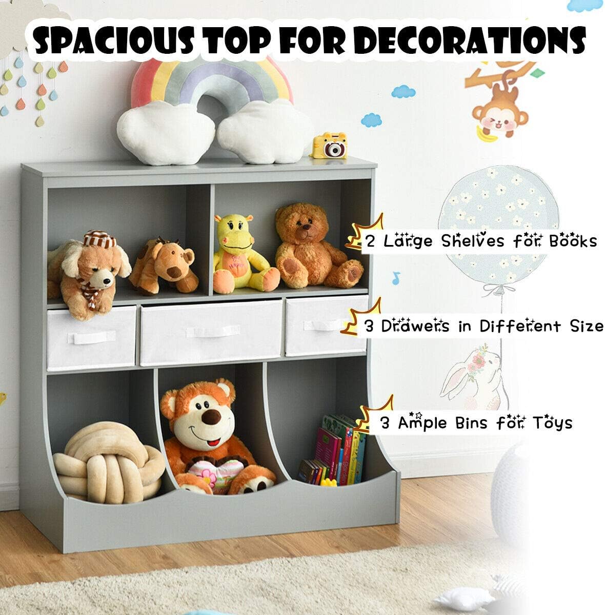 3-Tier Kids Bookcase Toddler Storage Organizer Cabinet Shelf w/ 8 Compartment