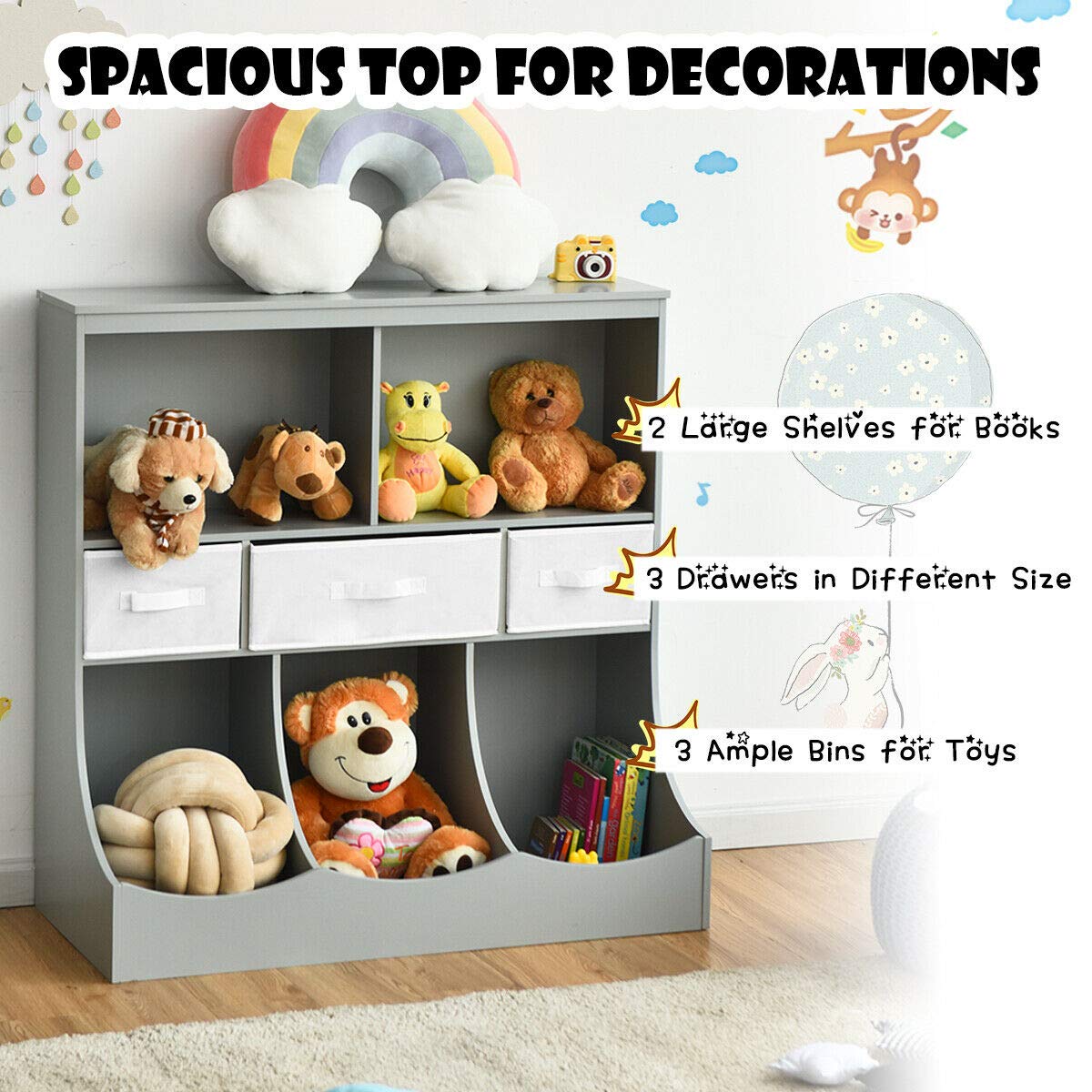 3-Tier Kids Bookcase Toddler Storage Organizer Cabinet Shelf w/ 8 Compartment