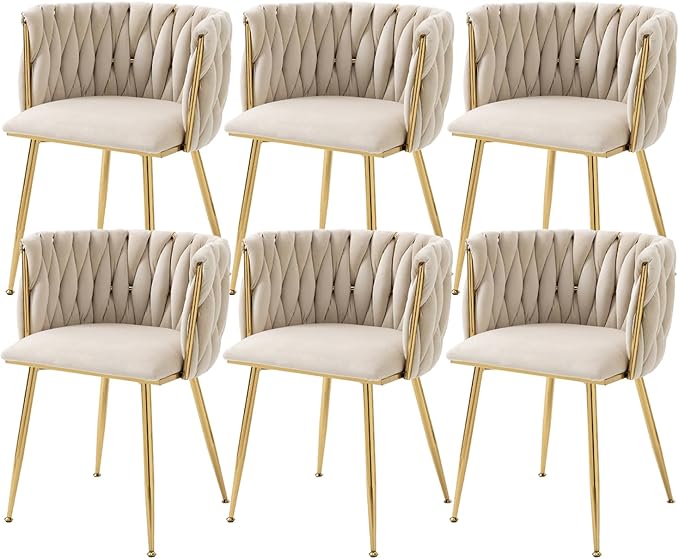 Modern Velvet Dining Chairs Set of 4, Woven Dining Room Chairs with Gold Metal Legs