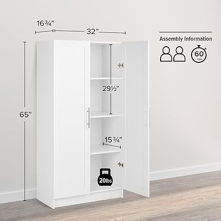 Elite Storage Cabinet, 16.75" D x 32" W x 65" H, White