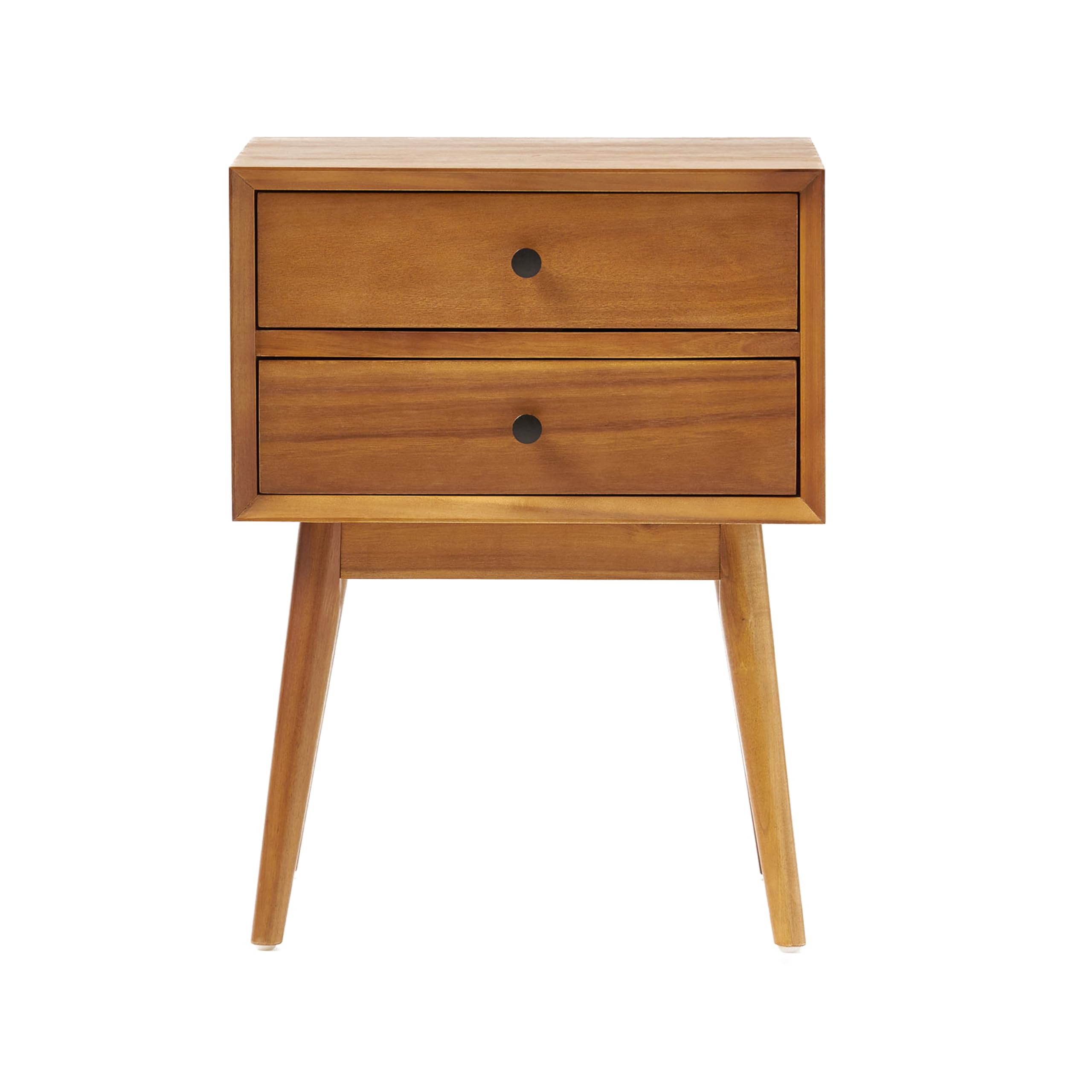 Mid-Century Acacia Wood Nightstand with 2 Drawer