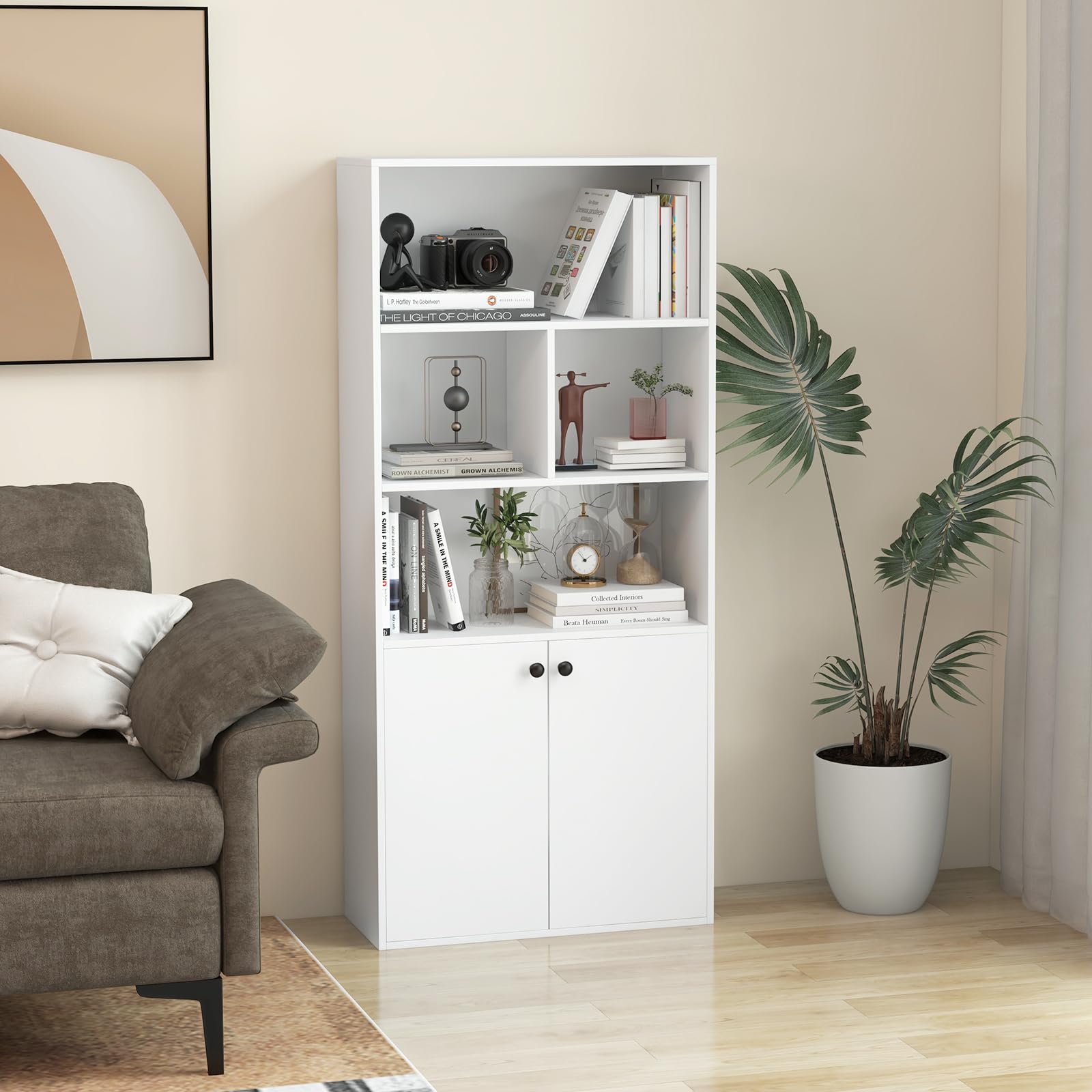 5 Tier Bookcase with 2-Door Cabinet, Tall Freestanding Bookshelf with 4 Open Shelves