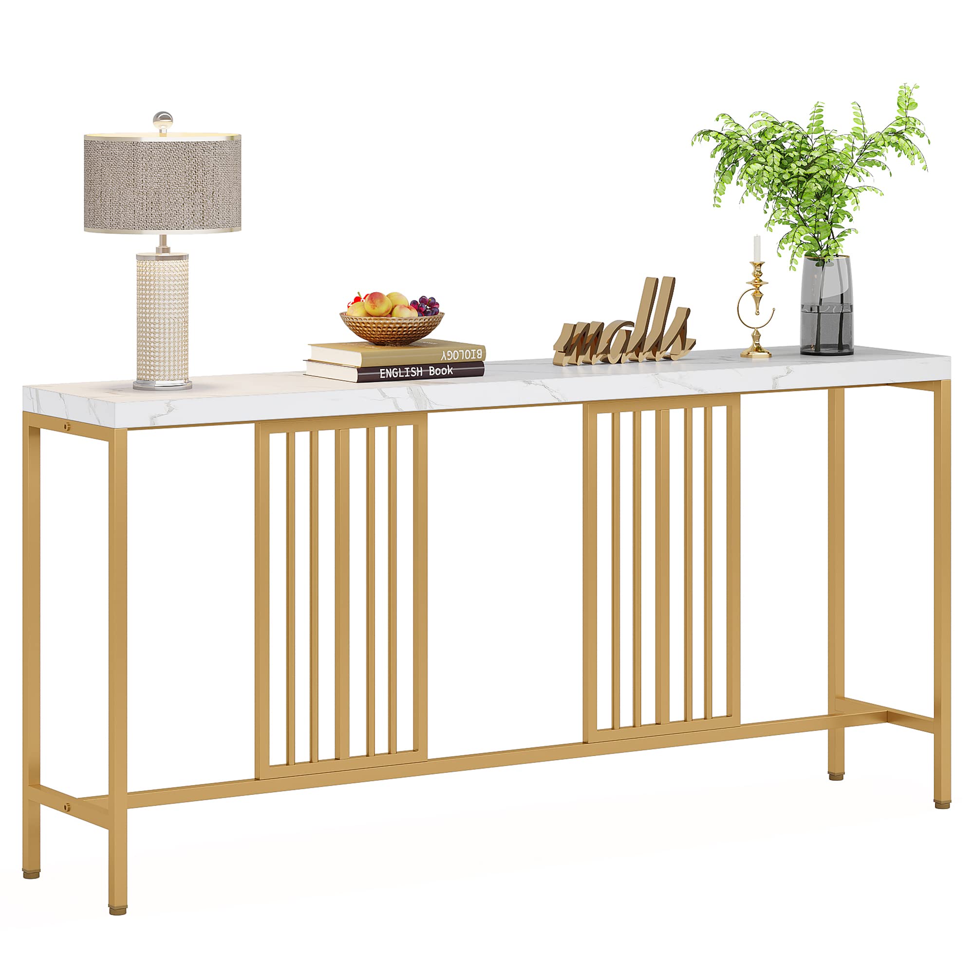 Long Sofa Console Table with a 70.9 inch Spacious Tabletop, White and Gold
