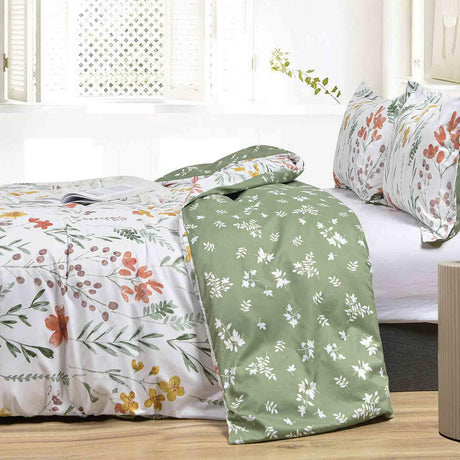 Queen Size Comforter Set, White Yellow Floral, Green Leaf Pattern Print