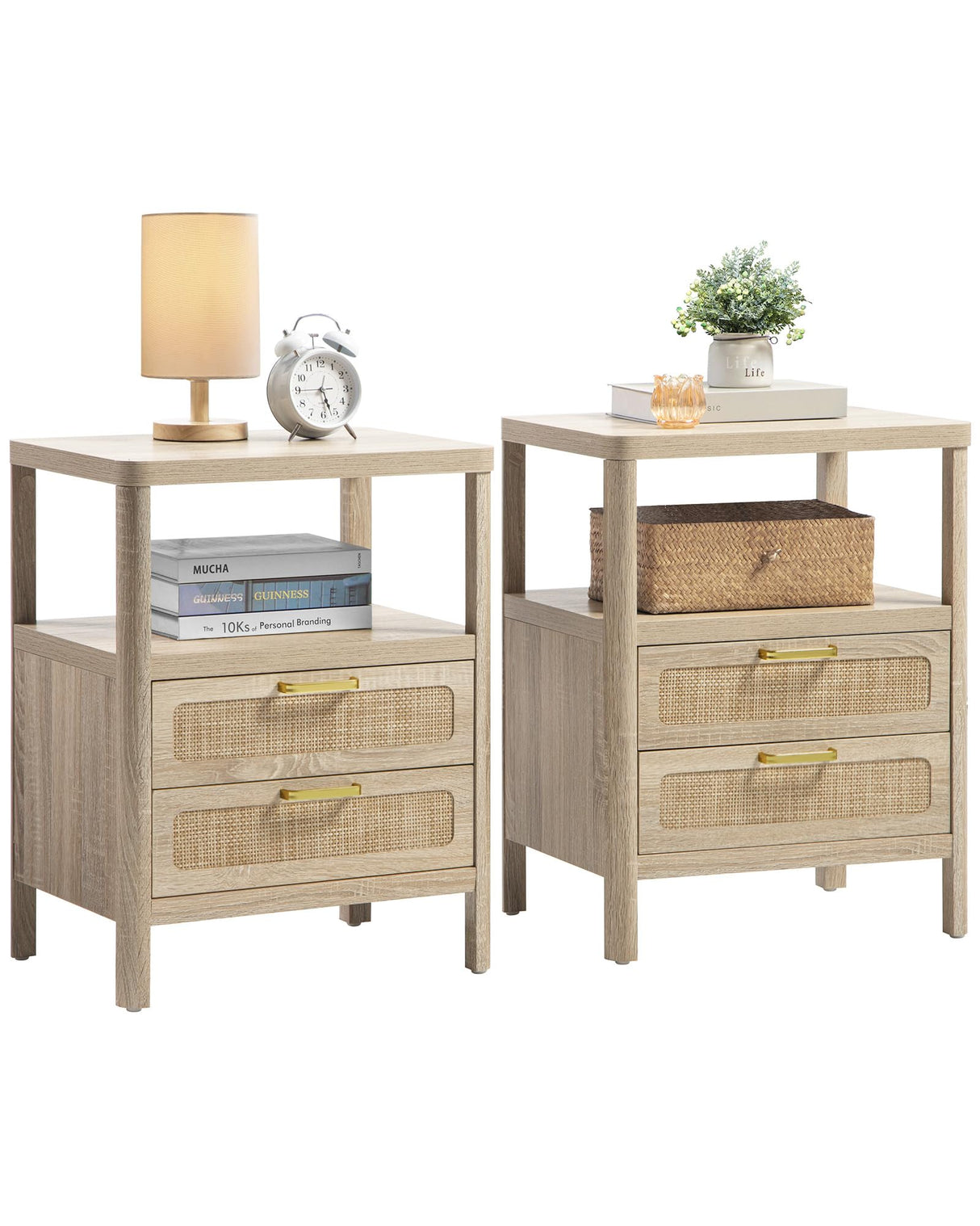 SHEEPPING Rattan Nightstands Set of 2 - Bedside Tables with 2 PE Rattan Drawers