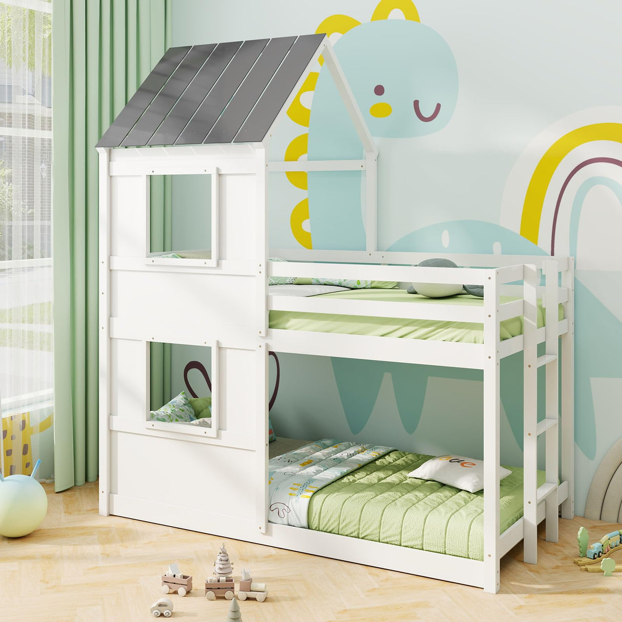 House Bunk Bed Twin Over Twin, Solid Wood Floor Bunk Bed with Built in Ladder