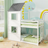 House Bunk Bed Twin Over Twin, Solid Wood Floor Bunk Bed with Built in Ladder