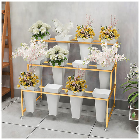 Flower Display Stand With 12PCS Buckets, 3 Layers Metal Plant Stand with Wheels