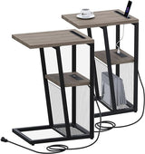 Side Table, C Shaped Nightstand End Table with Charging Station and Phone Holder