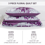 Floral Quilt Set Queen Size,3 Pieces Purple and White Summer Botanical