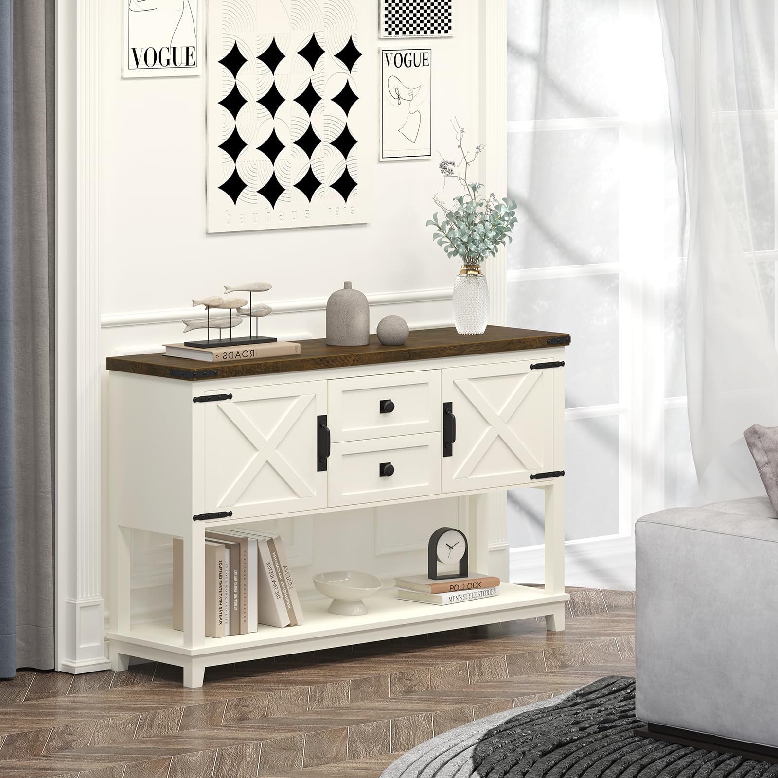 47 Inchs Farmhouse Entryway Table with 2 Drawers, Long Sofa Console Table