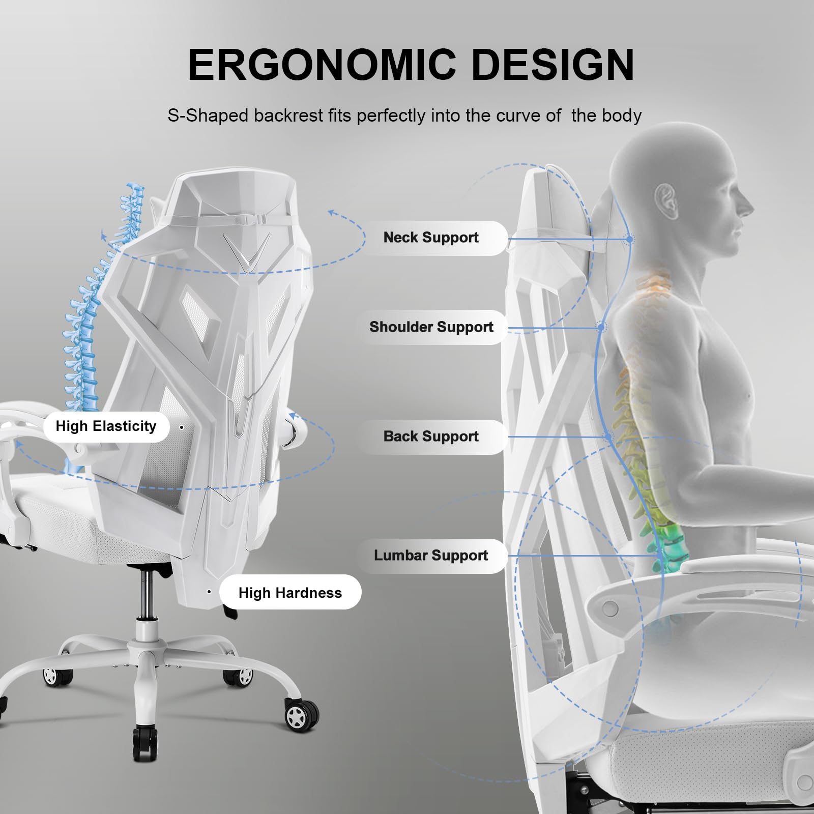 Ergonomic Gaming Chair with Mesh Back and Footrest - White