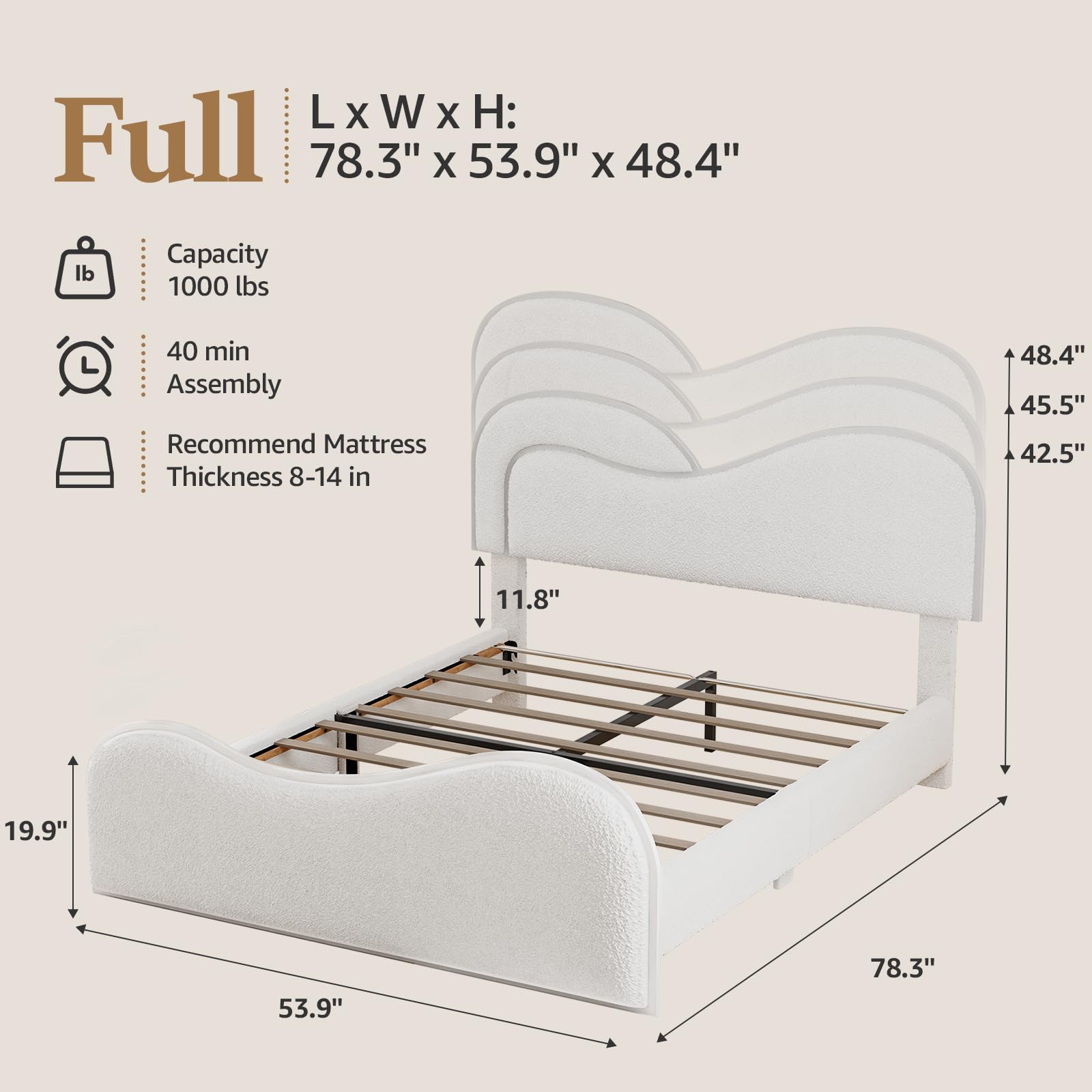 Full Platform Bed Frame with Heart Headboard & LED Lights