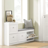 FSR64-W, White Shoe Storage Bench with 2 Flip Drawers & Padded Seat Cushion