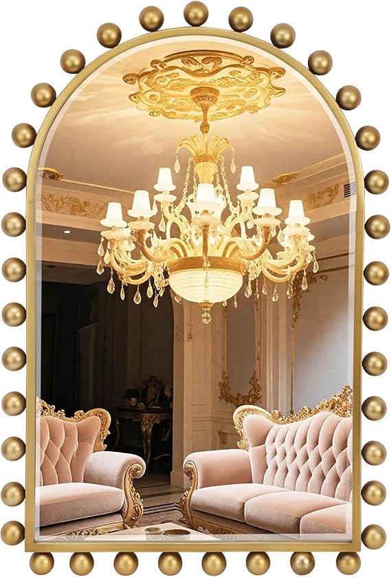 Antique Gold Round Mirror with Beveled Glass - 30 Inch Beaded Decorative Wall Mirror