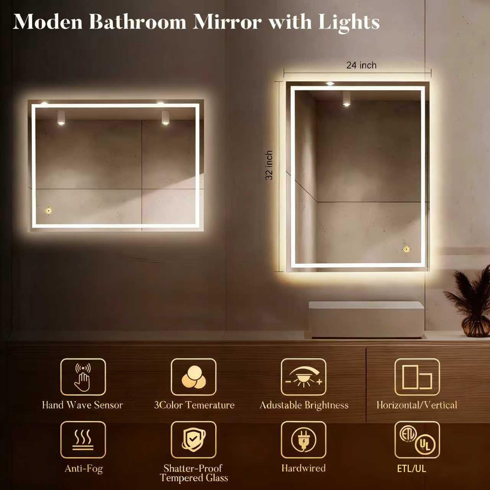 LED Bathroom Mirror 24x32 - Dimmable, Anti-Fog, Hand Wave Control