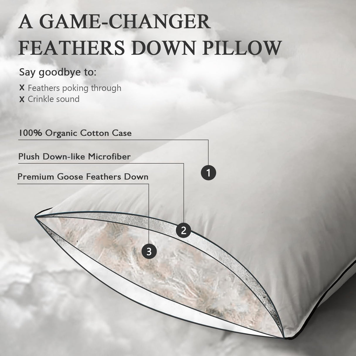 Goose Feather Down Pillow for Sleeping 2 Pack, King Size Organic Cotton Hotel-Style Bed