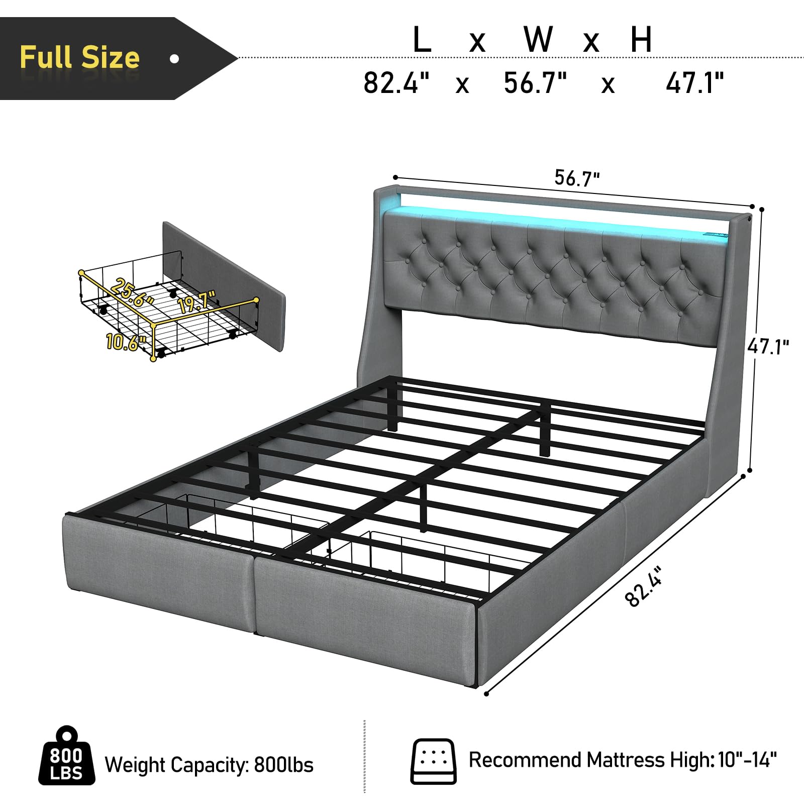 SADENICEL Full Size Bed Frame with Storage Headboard and 2 Drawer, Metal Full Bed Frame Platform with LED Light, Charging Station, No Box Spring Needed, Noise Free, Easy Assembly, Grey