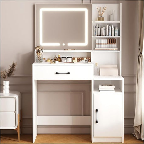 White Vanity Desk with Mirror, Metal Vanitys with 3 Drawers