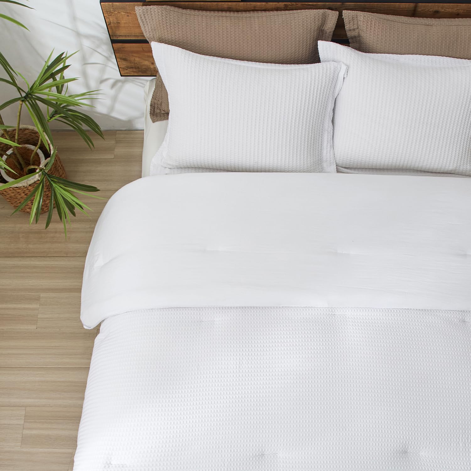 Waffle Comforter Set Queen Size, White Soft Bedding Set for All Season