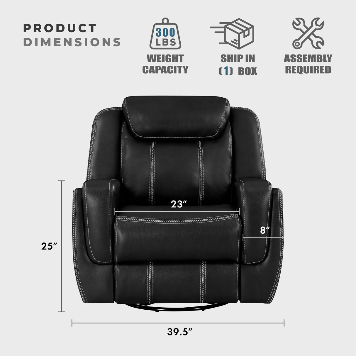 Swivel Glider Recliner Chair, Nursery Glider, Faux Leather Recliner Chair with Headrest, Manual Recliner Sofa Chair for Living Room/Office/Apartment, Black