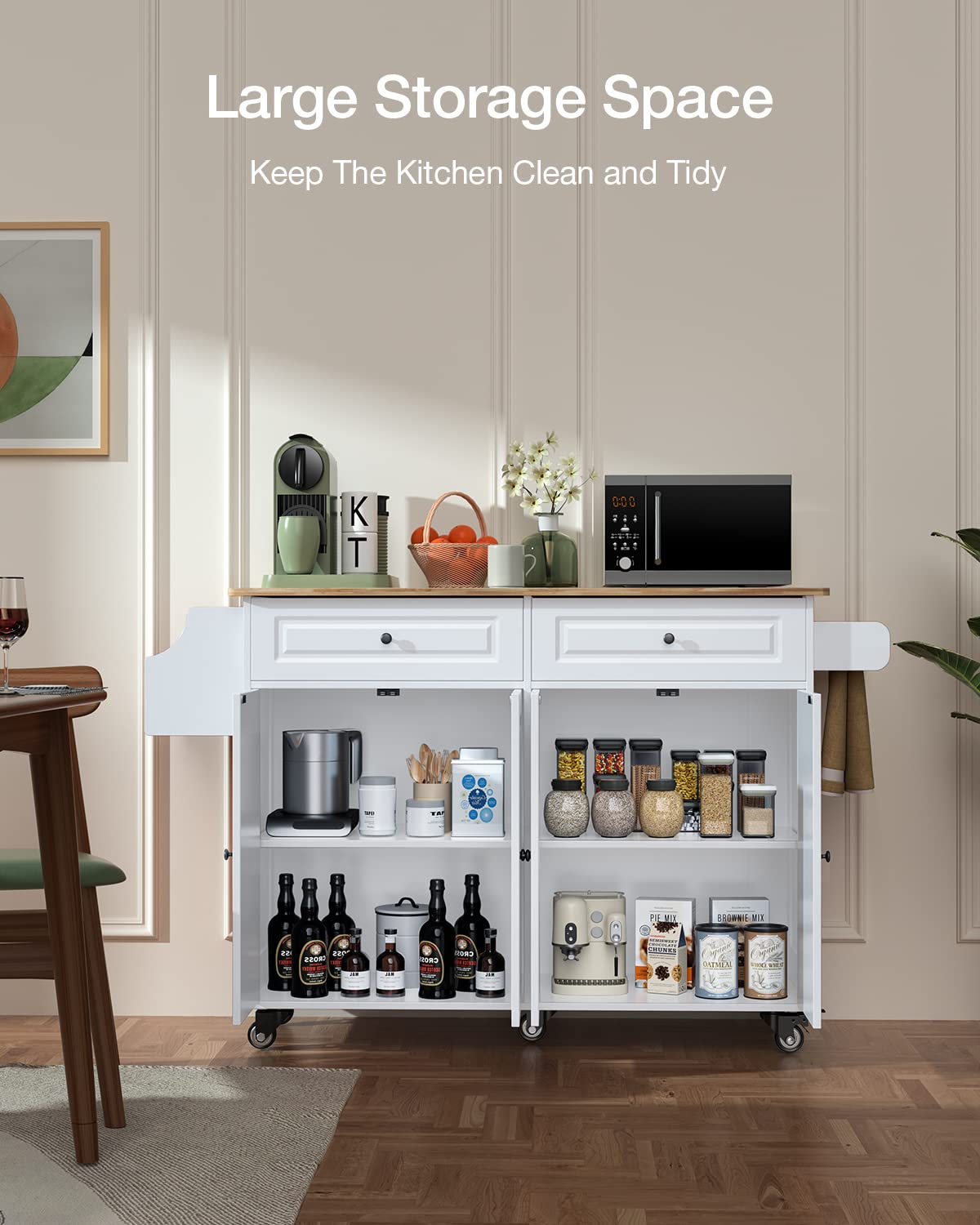 Kitchen Island on Wheels Kitchen Cart with Rubber Wood Top