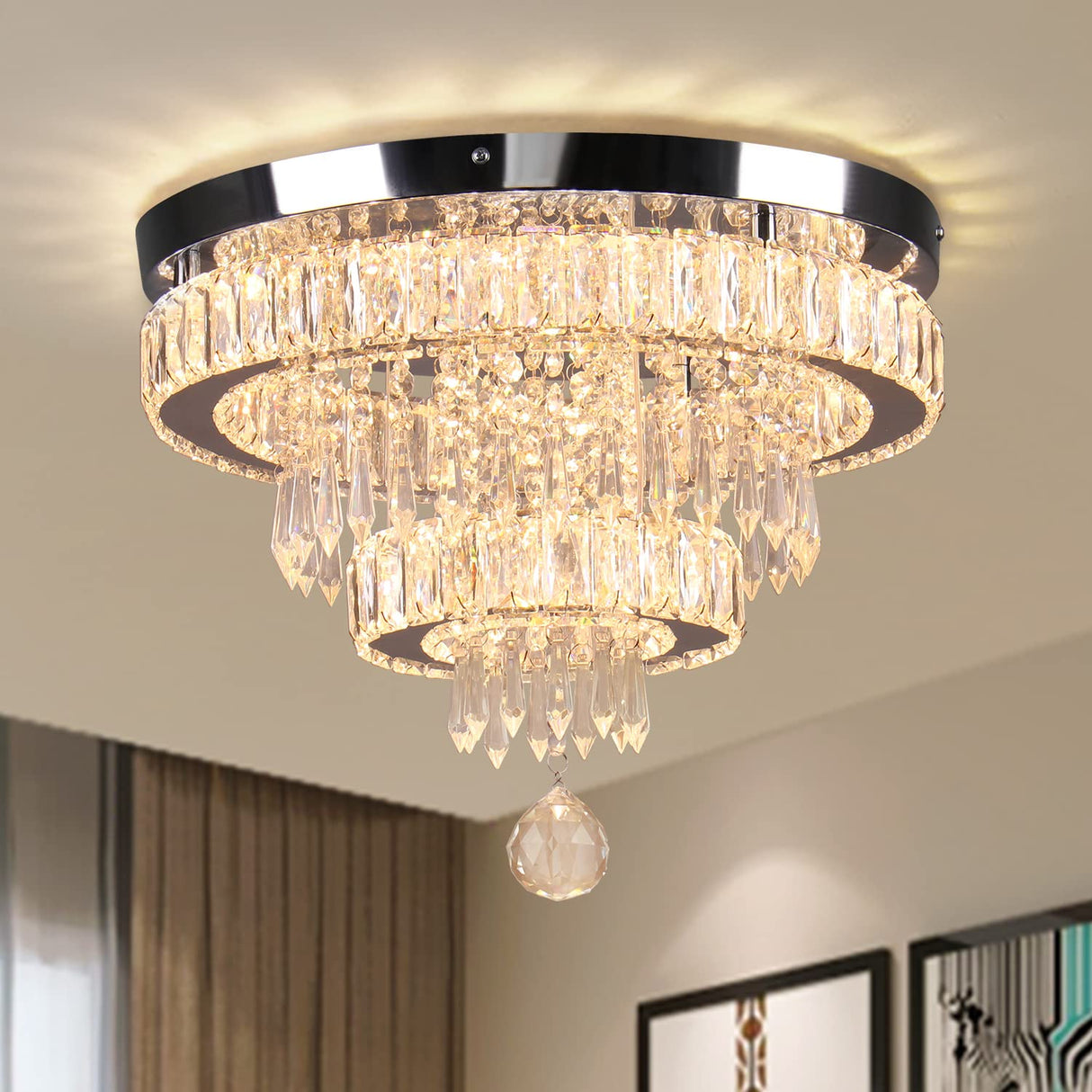 16" Crystal Chandelier 2 Rings Crystal Ceiling Light Fixture Modern Chandelier LED Chandeliers Light Fixture for Dinning