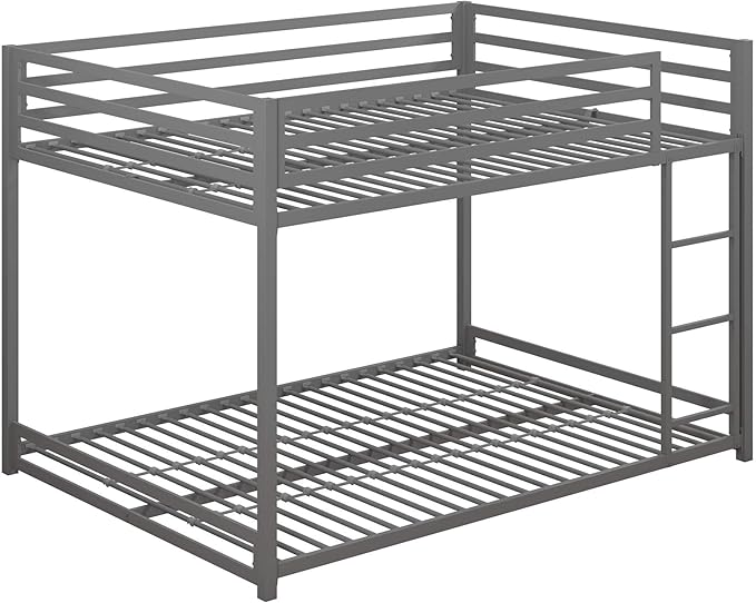 Metal Bunk Bed Frame for Kids, With Built-in Ladder, High Guardrail and Metal Slats, Floor Bed Bottom Bunk, No Boxspring Required, For Small Spaces, Full-Over-Full, Black