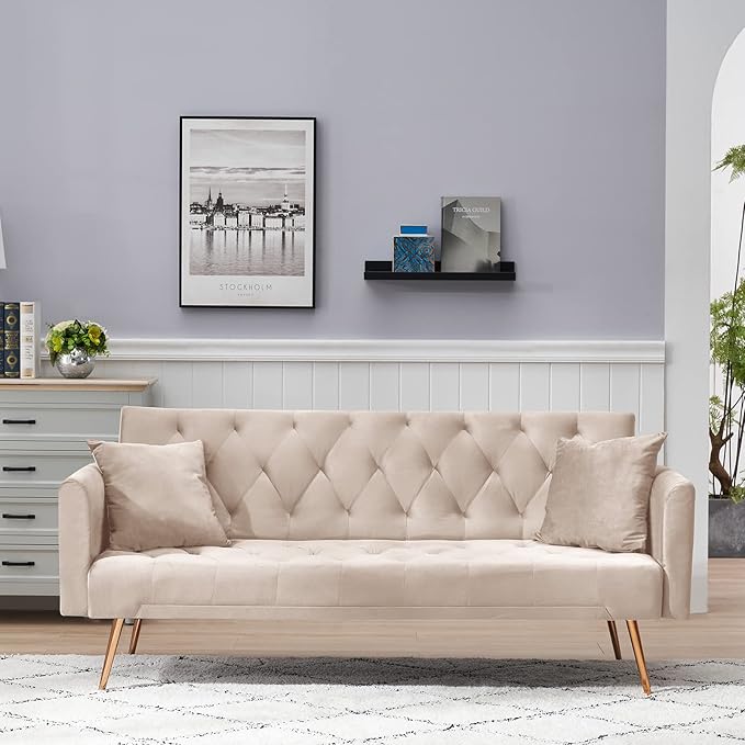 Velvet Futon Sofa Bed with 2 Pillows, Convertible Sleeper Sofa Couch