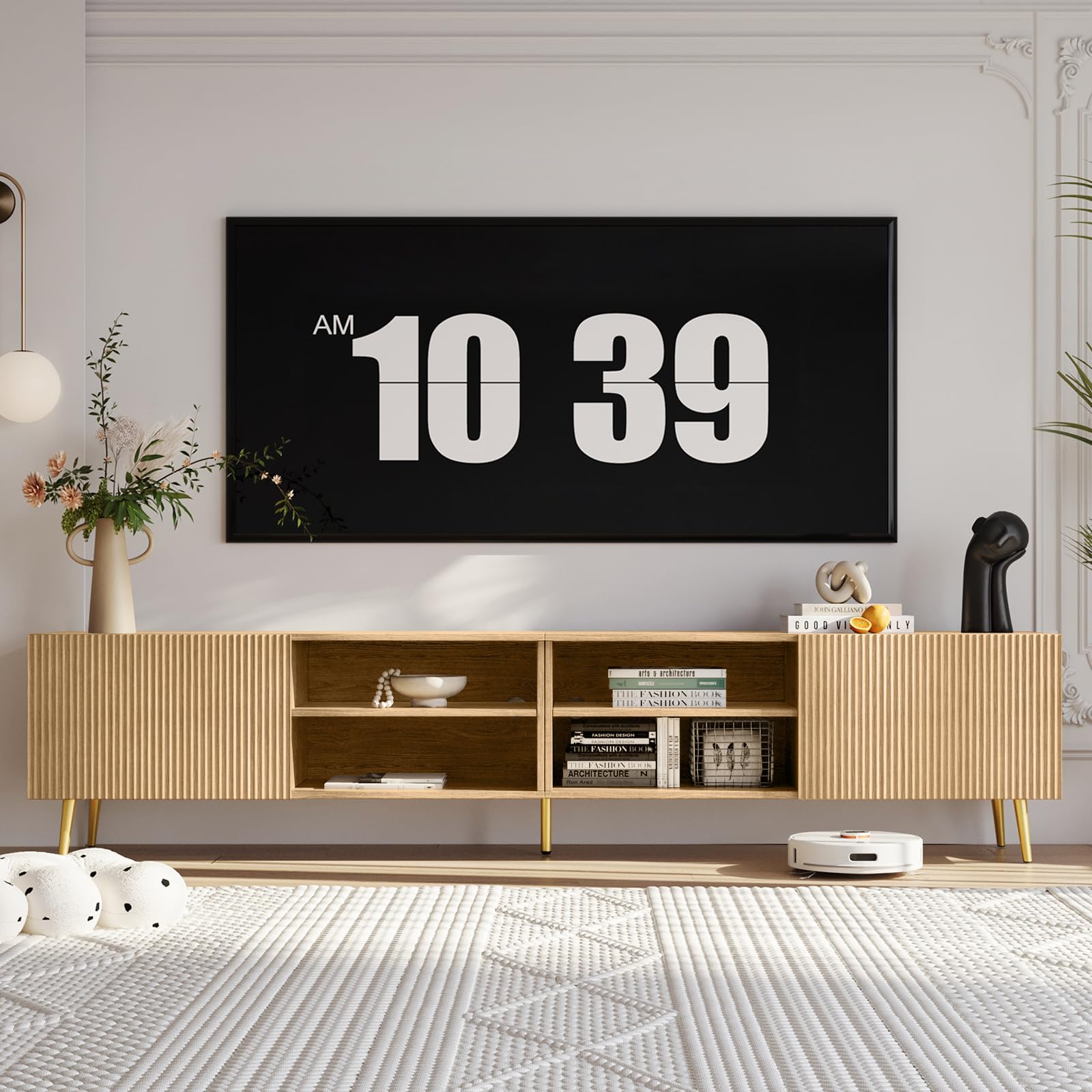 86 Inch TV Stand with Fluted Design and Adjustable Shelves