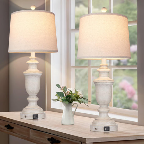 26" Farmhouse Table Lamps Set of 2, Bedside Lamps with USB C+A Ports,