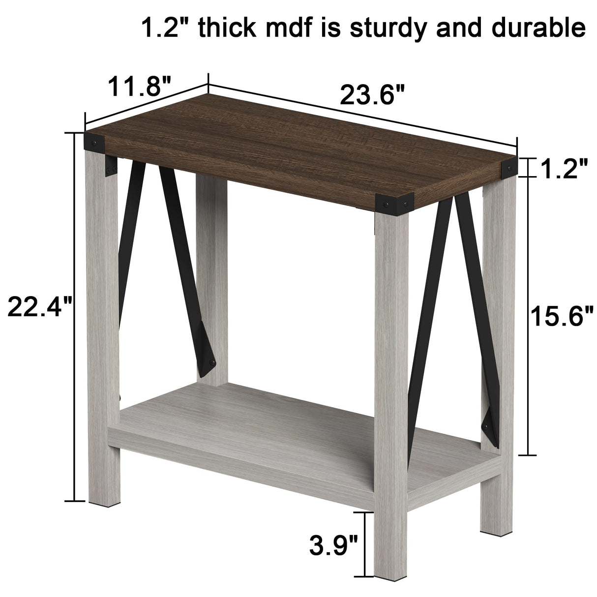 Farmhouse End Table for Small Spaces, Narrow side End table with Storage Shelf