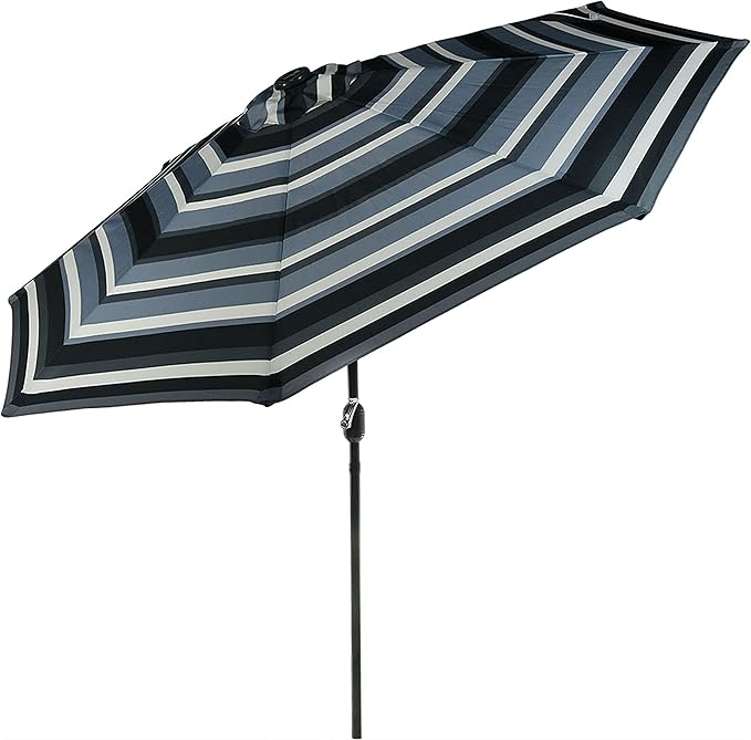 9 ft Striped Patio Umbrella with Solar Lights - Polyester LED Table Market Umbrella