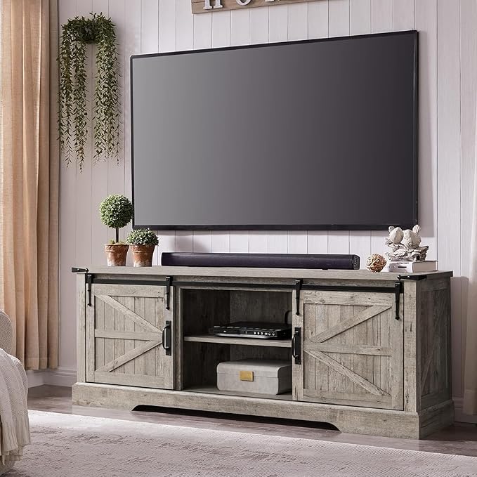 Farmhouse TV Stand for 75 Inch TV, Rustic Entertainment Center w/Sliding Barn Door