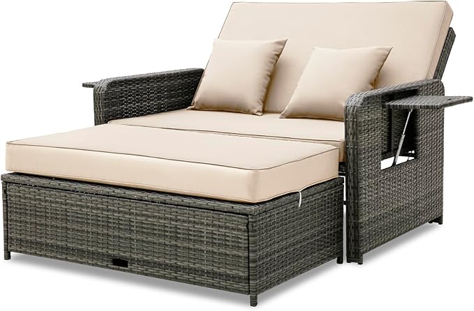 Patio Rattan Daybed Set, Wicker Loveseat Sofa w/Multipurpose Ottoman & Retractable