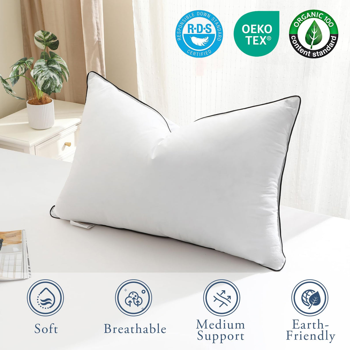 Medium Firm Goose Down Pillows Queen Size Set of 1, Luxury Feather Pillows