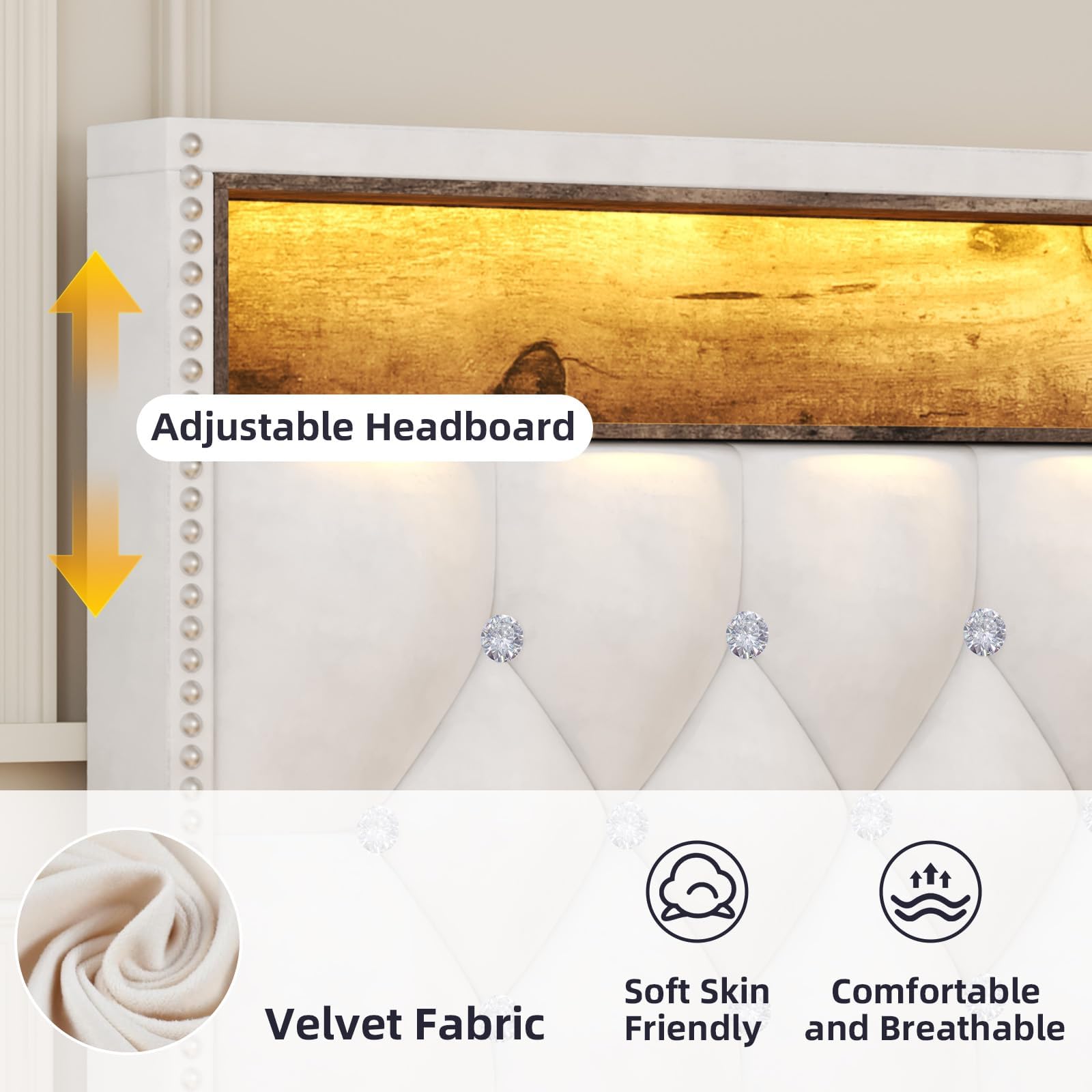 King Size Bed Frame with LED Lights and Storage Headboard