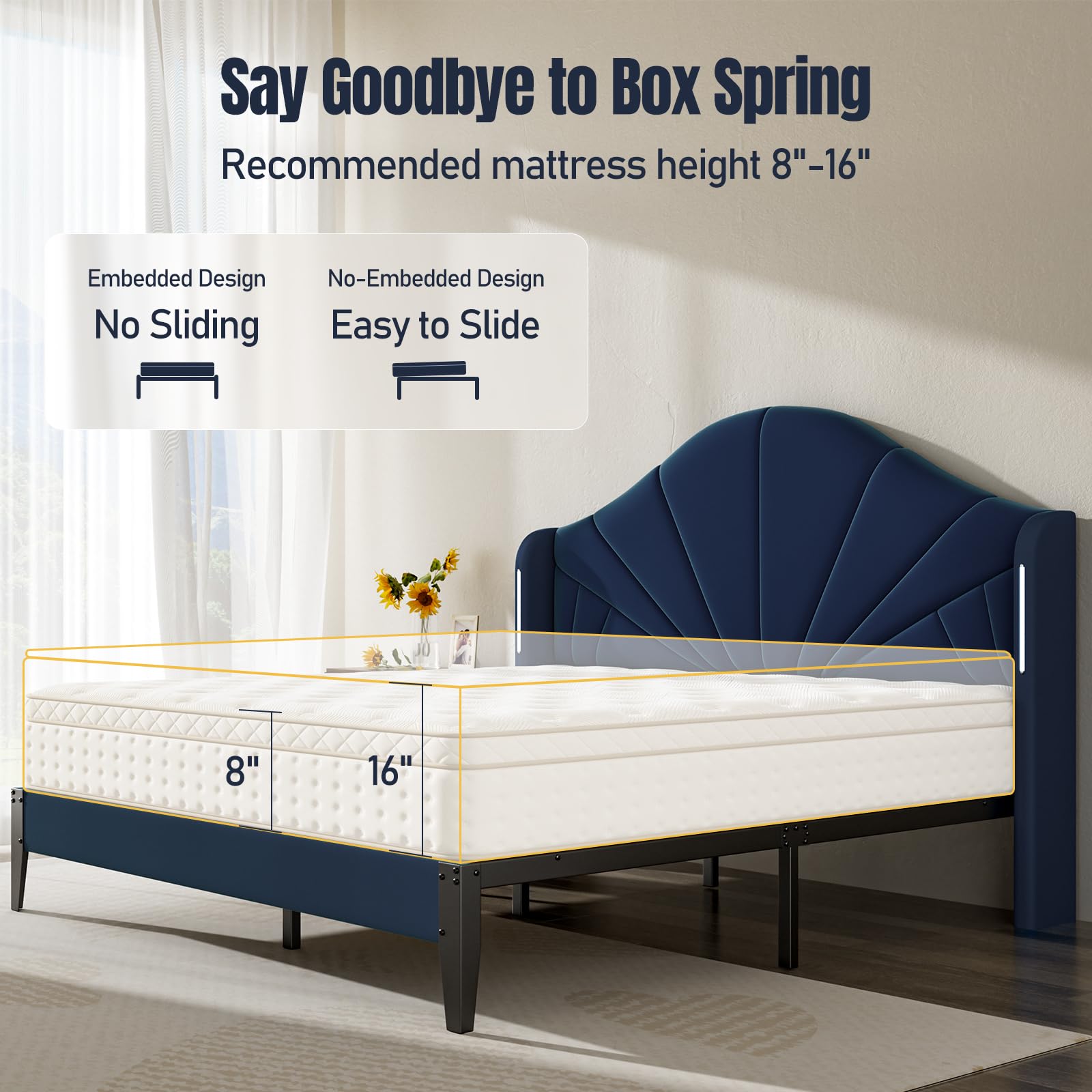 Full Bed Frame with LED Lights - Velvet Blue Upholstered Platform Bed