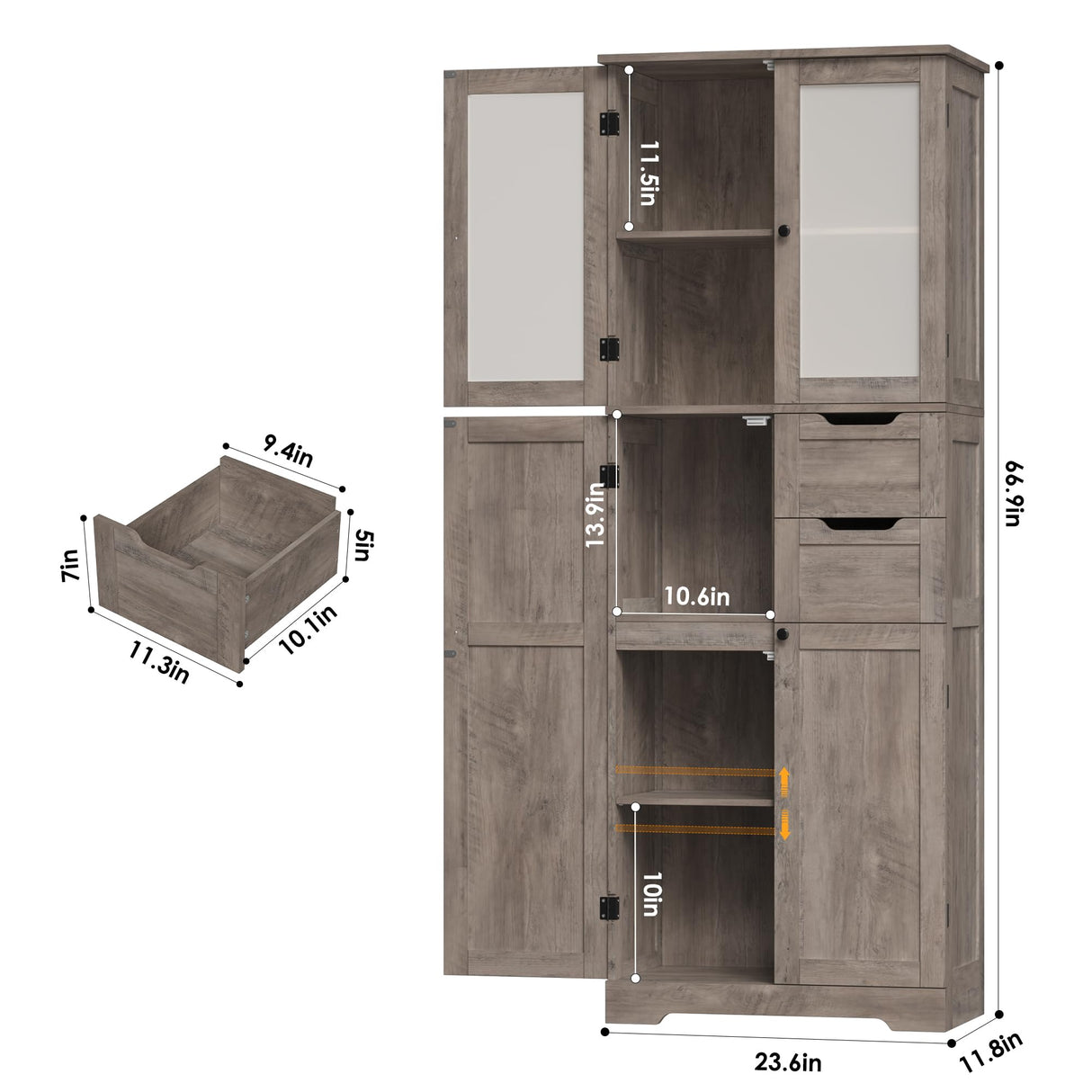 67'' Bathroom Cabinet, Kitchen Pantry Cabinet with Glass Doors and Shelves,