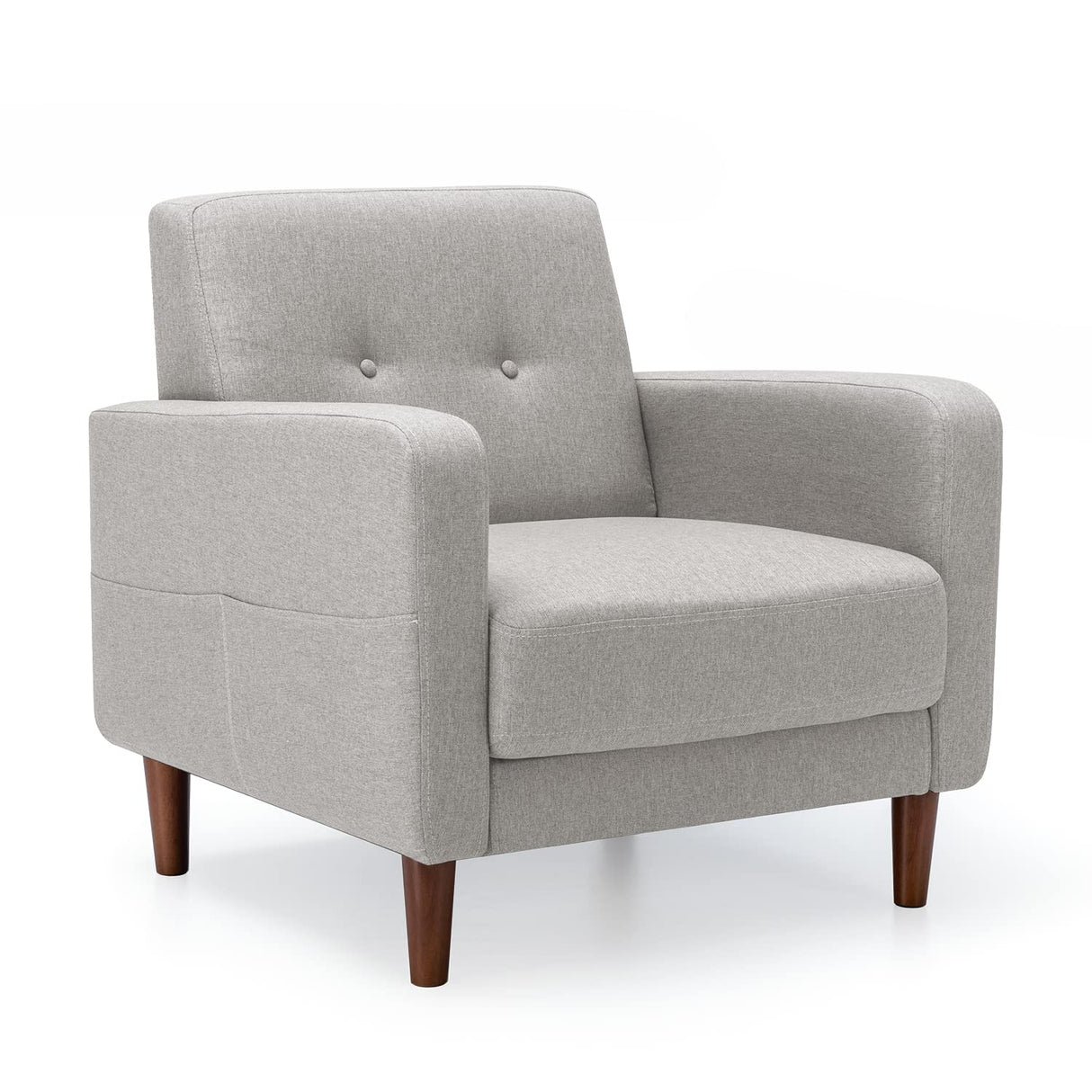 Mid-Century Modern Armchair with Armrest Pockets, Tufted Linen Fabric, Light Grey