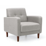 Mid-Century Modern Armchair with Armrest Pockets, Tufted Linen Fabric, Light Grey