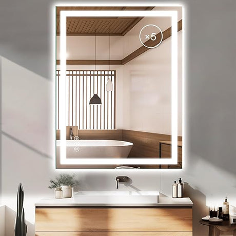 Bathroom Mirror 24 x 36 Inch Anti-Fog Bathroom Mirror with Led Illuminated Mirror, Wall Mounted Lighted Vanity Mirrors for Wall with 3 Colors Dimmable, Touch Switch Smart Mirror