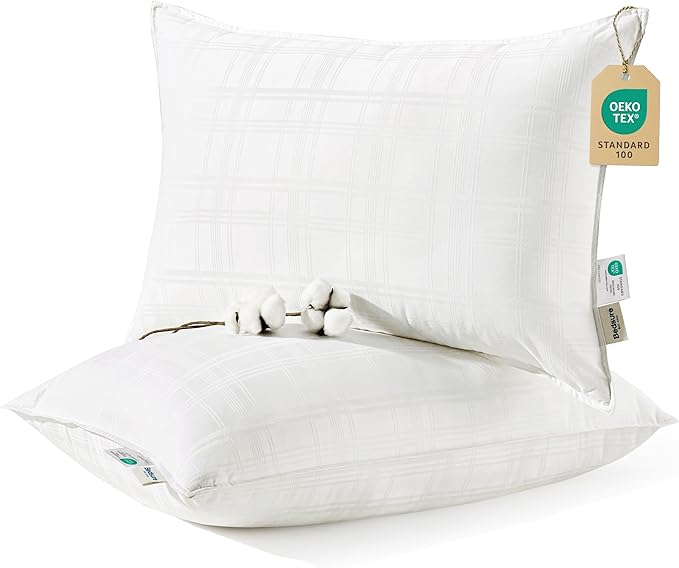 Fluffy Bed Pillows for Sleeping - Luxury Queen Size Pillows Set of 2 with 100% Cotton