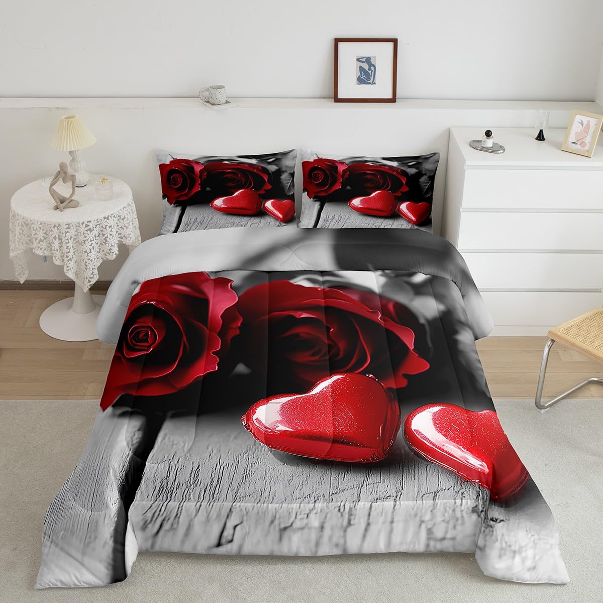 Grey Red Floral Rose King Comforter Set,Gothic Romantic Flower Rose Bedding Set