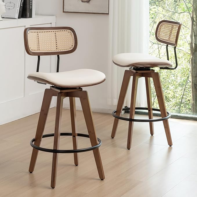 Rattan Bar Stools Set of 2, Faux Leather Counter Height Swivel Barstools